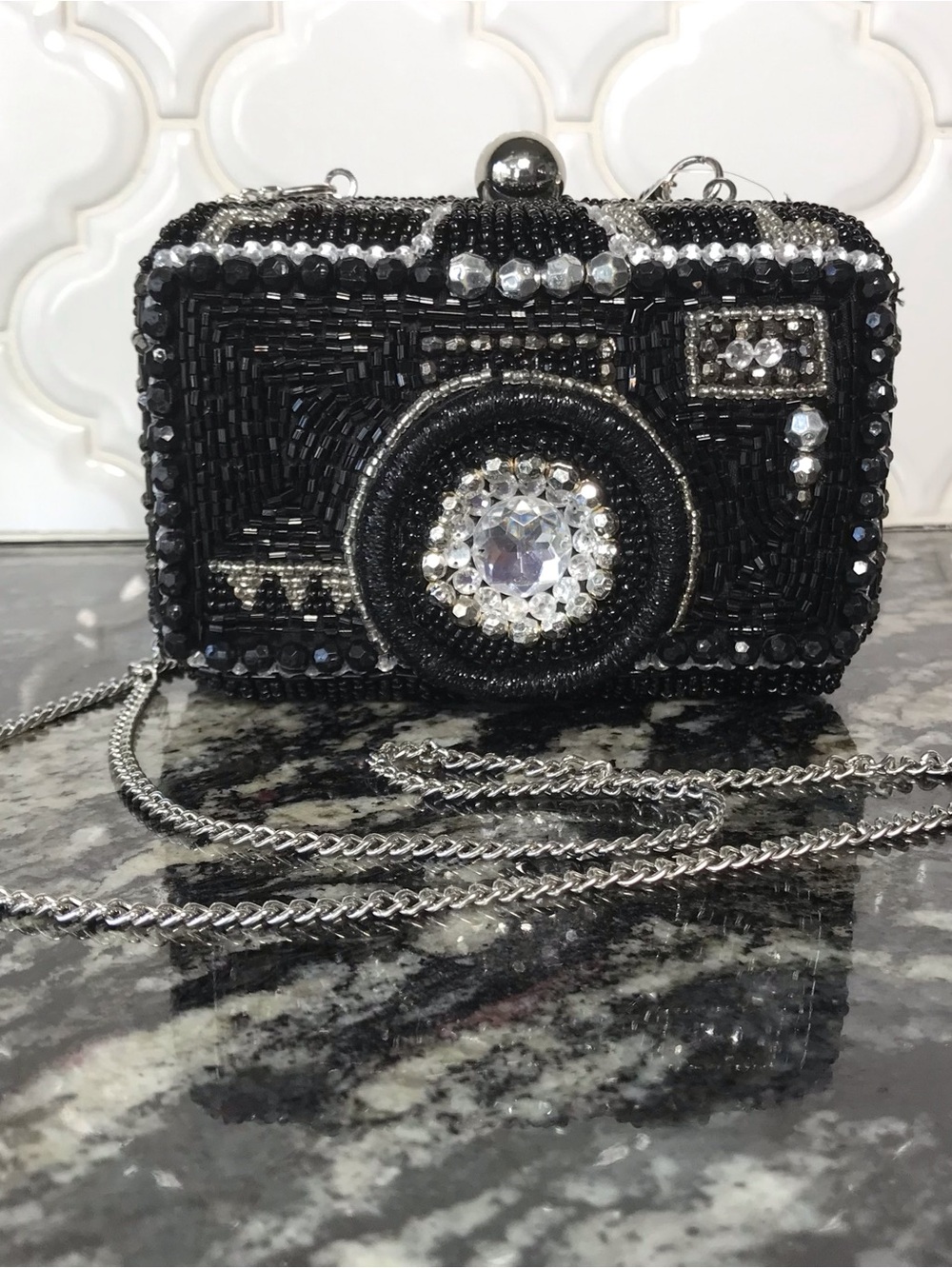 Made in India Viral Tik Tok Beaded Camera Clutch Crossbody Rhinestone Bag NWT